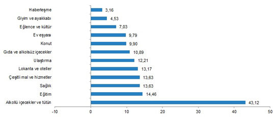 TÜFE ana harcama gruplarına göre yıllık değişim oranları (%), Aralık 2019