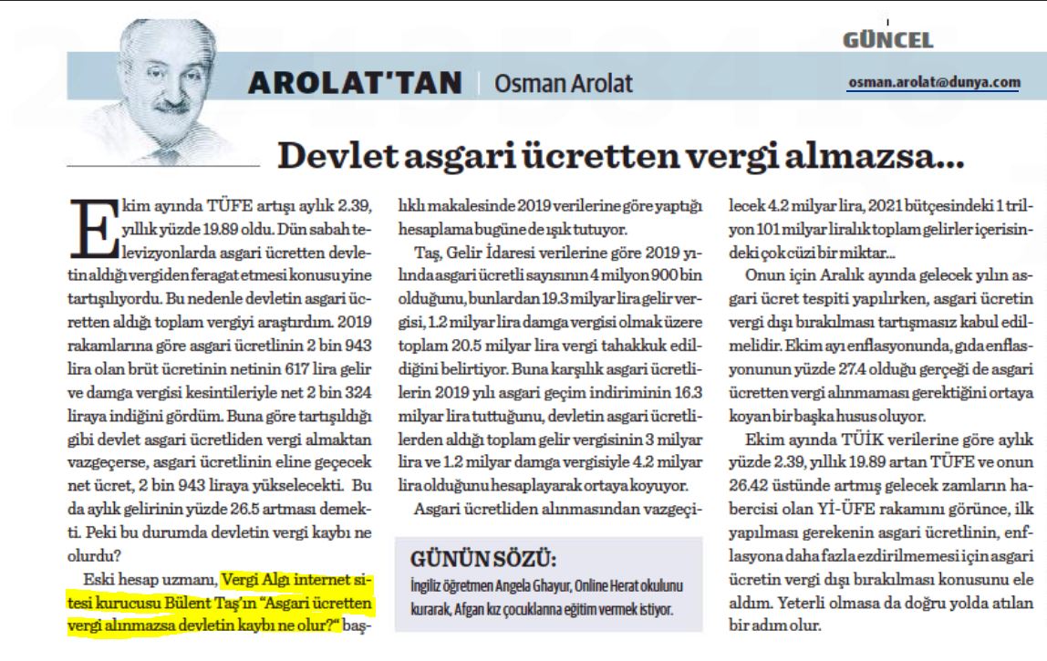 Kurucumuz Bülent Taş’ın Makalesi DÜNYA Gazetesi’nde Osman Arolat’ın Yazısında Yer Aldı